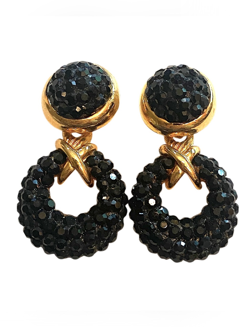 Vintage 90s Black Crystal Circle Door Knocker Earrings Gold